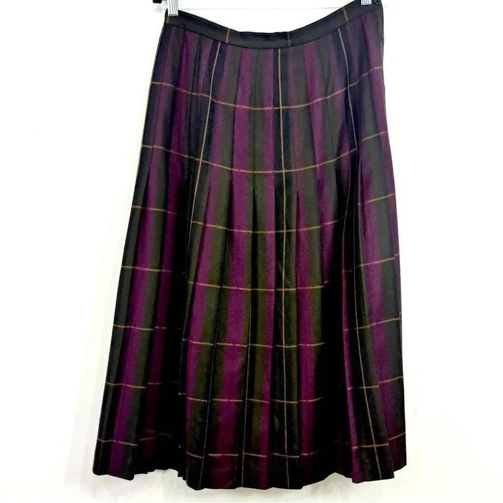 Premiere Green Burgundy Plaid 100% Wool Vintage Dark Academia Pleated Midi Skirt
